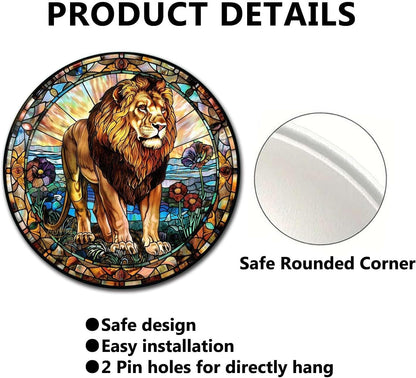 Lygond Metal Sign Tin Sign Circular Stained Glass Lion Vintage Decor for Garden 8×8 Inches