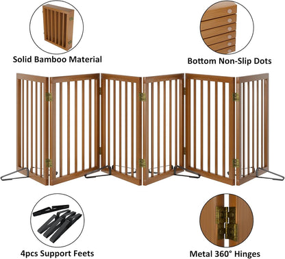 Freestanding Pet Gate Foldable Dog Gate (110 inches Wide) Walnut Bamboo Dog Gates for Stair Doorways House Puppy Fences Indoor (4 Support Feet Included)