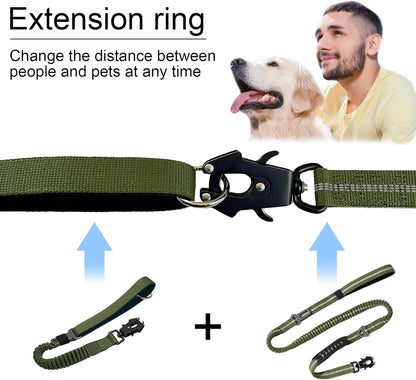 20” Strong Short Leash for Dog, Heavy Duty Bungee Dogs Leash with Padded Handle Car Seatbelt, Dog Training Leashs for Large or Medium Dogs - Can be Used with Other leashes (Army Green)