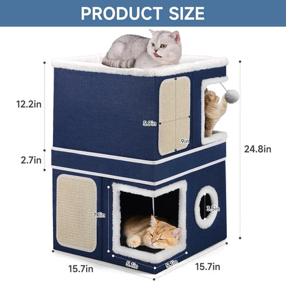 2-Storey Cat House for Indoor Cats, Large Double Cat Bed Cave with Hideaway Condos, Scratch Pads, Hanging Balls, Foldable Indoor Cat House Hold Up to 30LBS, Cat Cube for Multiple Cats Kitten, Blue