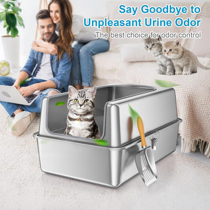 12'' High Sides XL All Stainless Steel Cat Litter Box with Lid,Deep Metal Litter Box for Big Cats,Extra Large Litter Boxes with High Wall Enclosure,Anti-Leakage,Never Absorbs Odors,Non-Sticky Surface