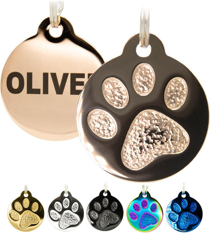 Engraved Pet Tag for Dogs and Cats - Personalized Front & Back up to 4 Lines of Text Custom Engraved ID, Round Paw Print Solid Plating Stainless Steel Rose Gold Regular