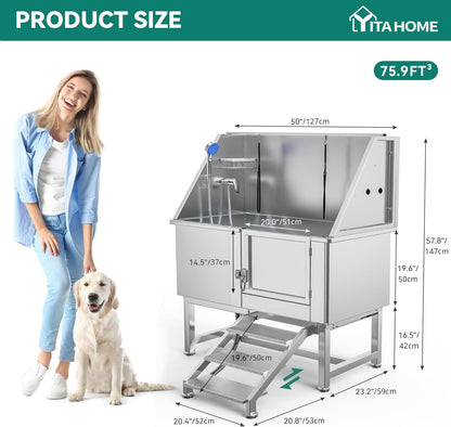 YITAHOME Professional Dog Bathtub 50in, Stainless Steel 304 Dog Bathing Station for Home, Pet Grooming Tub w/Right Stairs, Faucet, Floor Grate, Pet Washing Station for Large, Medium, Small Pets
