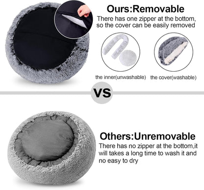 Calming Dog Beds & Cat Cave Bed with Hooded Cover,Removable Washable Round Beds for Small Medium Pets,Anti-Slip Faux Fur Fluffy Coved Bed for Improved Sleep,Fits up to 15/25 lbs(Grey,M)