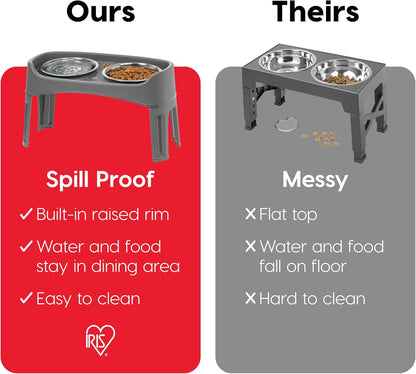 IRIS USA Elevated Dog Bowls, Adjustable Height, 2 Thick 64 oz Stainless Steel Bowls, Spill-Proof with Raised Outer Rim, Durable Made in USA Plastic, Easy Assemble, 2 Heights 4.63" or 12.25" Dark Gray