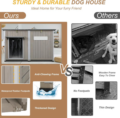 Weatherproof Outdoor Dog House, Wooden Puppy Shelter with Anti-Chewing Iron Frame and Elevated Floor, Sturdy Dog Kennel for Small, Medium & Large Dogs, Grey (Gray, 51" L x 29" W x 32" H)