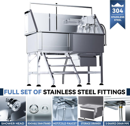 Professional 46" Dog Washing Station, Stainless Steel Dog Bathing Station, Height Adjustable Dog Wash Station, Storage Drawer, Upgrade Parts, Home, Commercial (Left Step)
