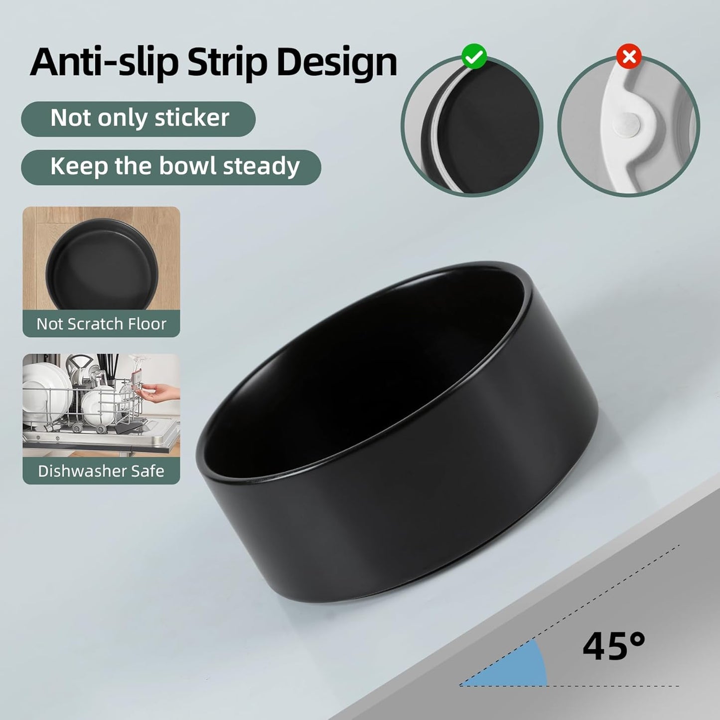 Non-Slip 8.2inch Ceramic Dog Food and Water Bowl for Large Breed Dogs, Pet Bowl for Replacement (Single Bowl, Black)