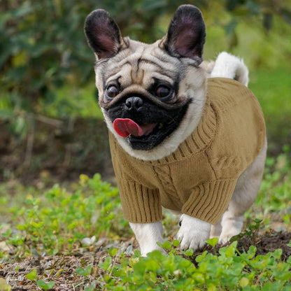 Queenmore Small Dog Pullover Sweater, Cold Weather Cable Knitwear, Classic Turtleneck Thick Warm Clothes for Chihuahua, Bulldog, Dachshund, Pug (Light Brown, Small)