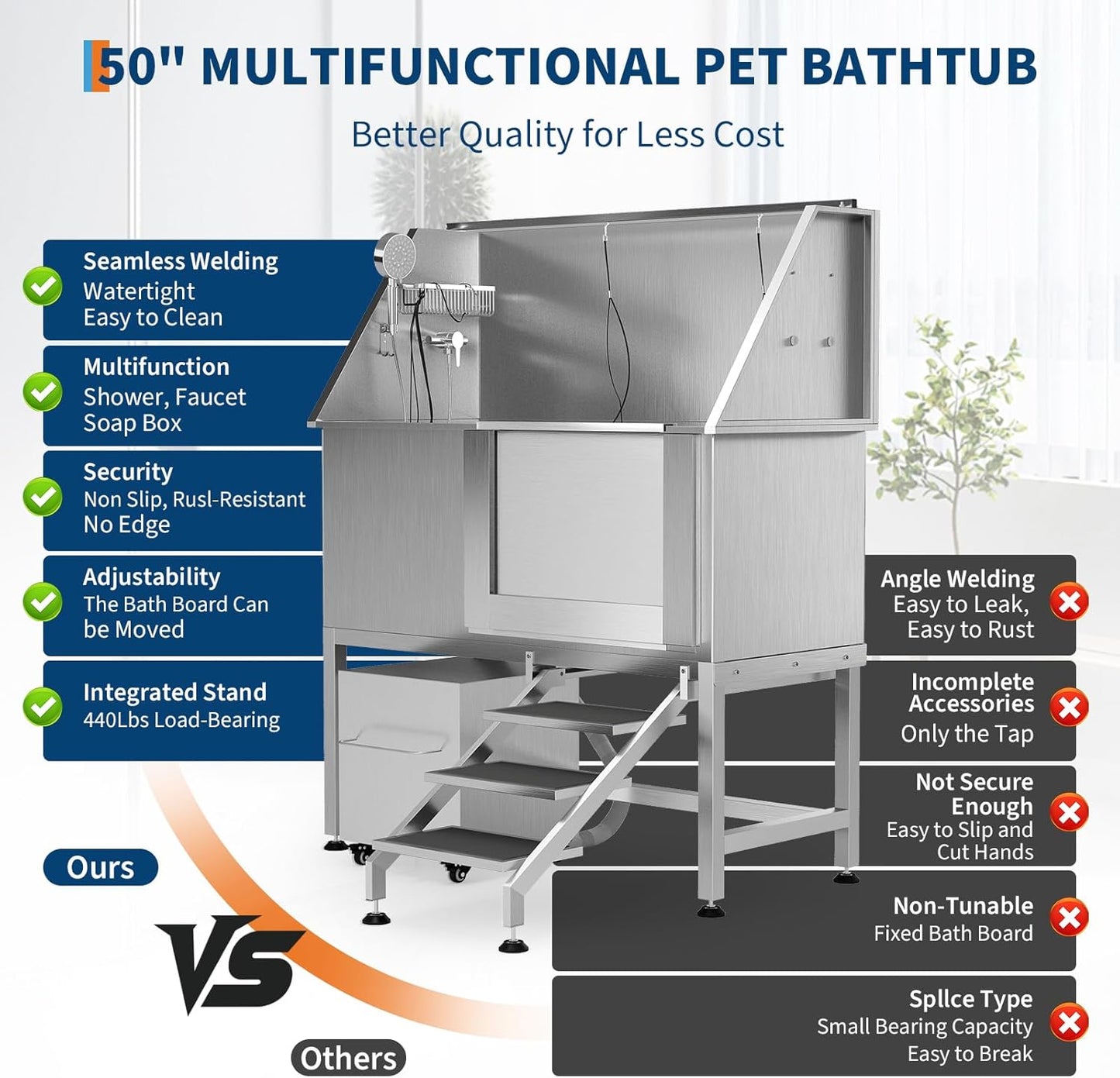 50" Stainless Steel Professional Dog Washing Station - Pet Bathing Tub w/Non-Slip Stairs & Storage Shelf | Slip-Resistant Floor Grate | for Large/Medium/Small Dogs