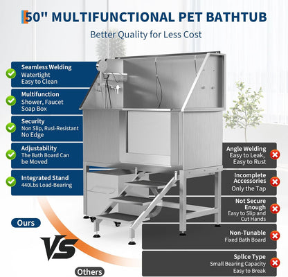 50" Stainless Steel Professional Dog Washing Station - Pet Bathing Tub w/Non-Slip Stairs & Storage Shelf | Slip-Resistant Floor Grate | for Large/Medium/Small Dogs
