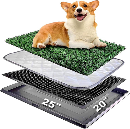 Dog Grass Pad with Tray 25"X20" - Portable Dog Litter Box for Balcony/Patio, Indoor/Outdoor Artificial Turf Pet Potty for Puppy Training, with Washable Pee Pad and Fake Grass Mat
