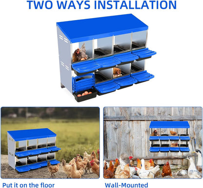 Chicken Nesting Boxes, 8 Hole Metal Chicken Laying Box with with Removable Trays and Roll Out Egg Collection for Chicken Coop, Blue