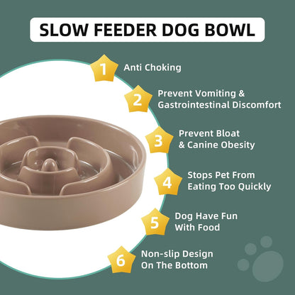 9.5inch Ceramic Slow Feeder Dog Bowl for Large Dog, Puzzle Dish, Anti-Gulping, Pet Slow Feeder, Stop Bloat, Preventing Choking (Single Bowl-Brown Coffee)