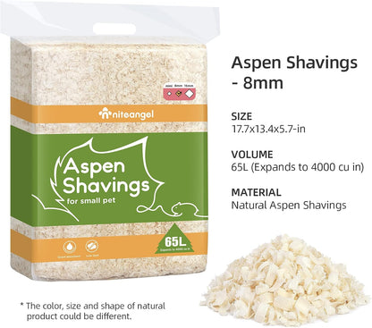 Niteangel Aspen Shaving Hamster Beddings for Syrian Dwarf Hamster Gerbil Mice Degu Rat Rabbit Bunny Guinea Pig Chinchilla Hedgehog or Other Small Pets (65L - 8 mm)