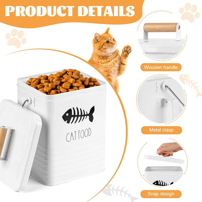 Cat Food Storage Container with Scoop - 5-7 lb Metal Cat Treat Container with Wood Handle, Pet Snacks Canisters with Airtight Lid & Dry Food Scoop for Kibble & Treats, Kitchen Counter Organizer