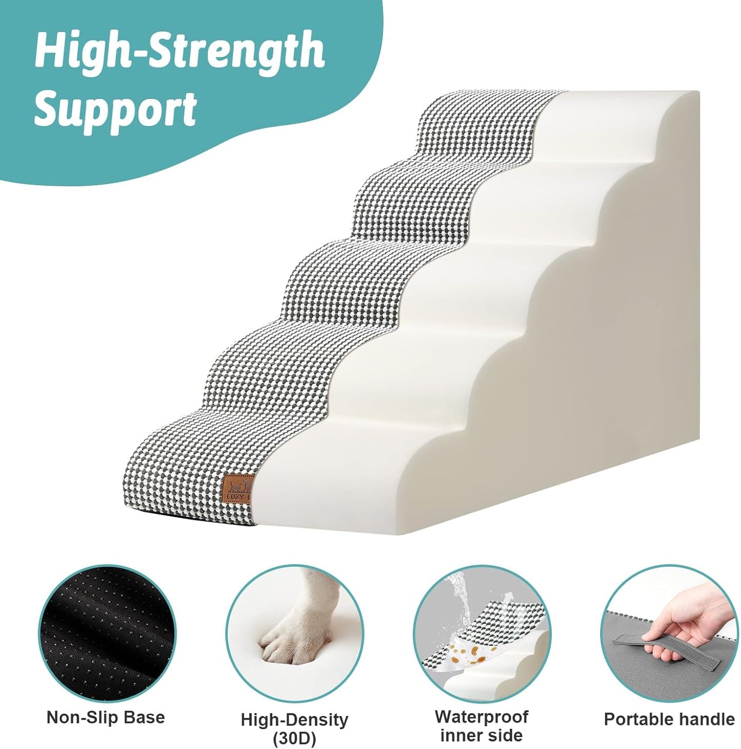 Extra Wide Dog Stairs 19.7" Width, Large Pet Step for Small Medium Dog, Puppy or Cat, Ramp for High Bed or Car, High Density Foam Ladder, Stable, 5 Step, 19.7x33x22.4 inch, White Black