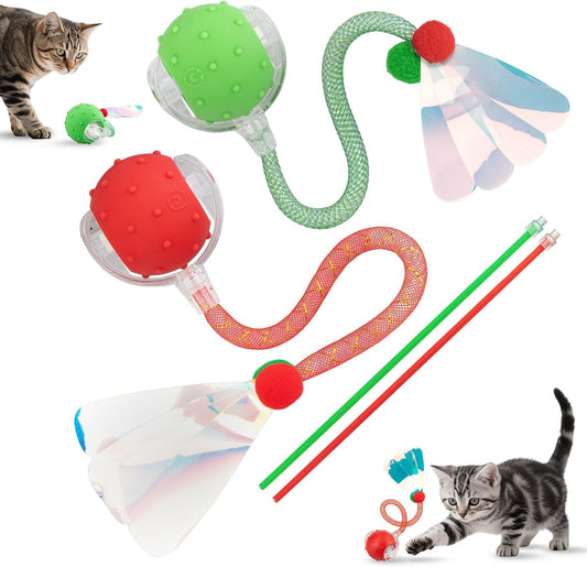 Red & Green Interactive Cat Toy Ball Combo – Automatic Agile Moving Cats Toys with 4 Tail Accessories, Bird Chirping & Motion Activated, Kitten Balls for Multi-Cat Households
