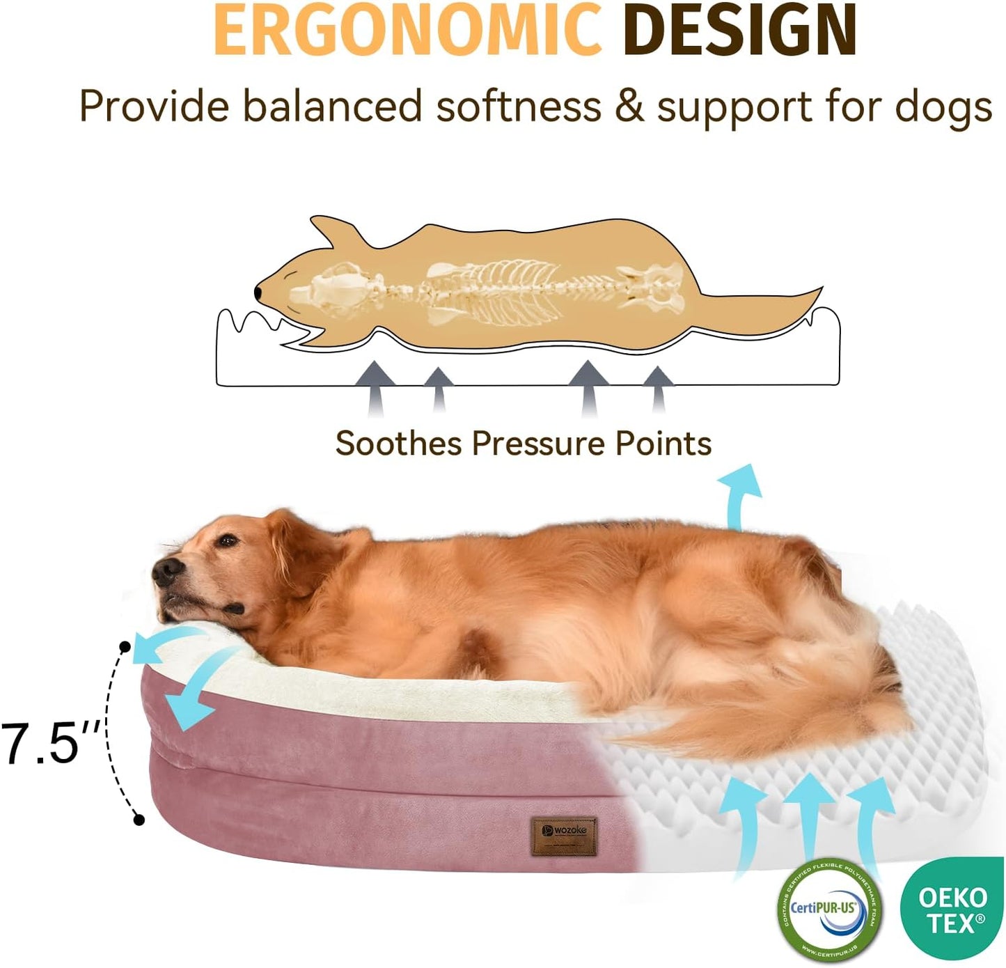 Orthopedic Waterproof Large Dog Bed: Memory Foam Washable Dog Bed with Bolsters - XL Removable Washable Cover for Medium Large Sized Pet - Non-Slip Bottom - Pink
