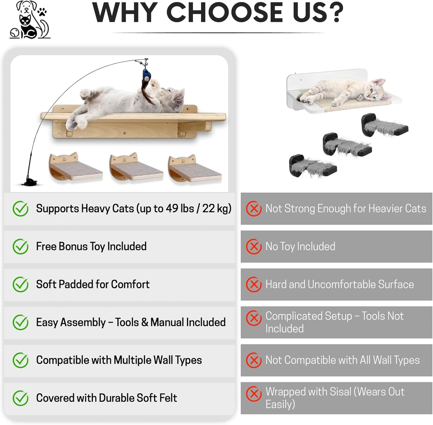 Snuggle & Play Cat Wall Shelves with Suction Cup Wand – 3 Mounted Steps, Climbing Wall Shelves and Furniture with Cat Wand