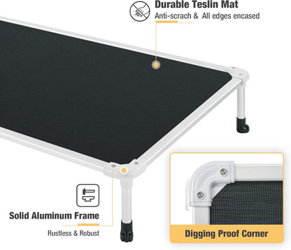 Veehoo Chew Proof Elevated Dog Bed - Cooling Raised Pet Cot - Silver Aluminum Frame and Durable Textilene Mesh Fabric, Unique Designed No-Slip Feet for Indoor or Outdoor Use, Black, 42"x 31"