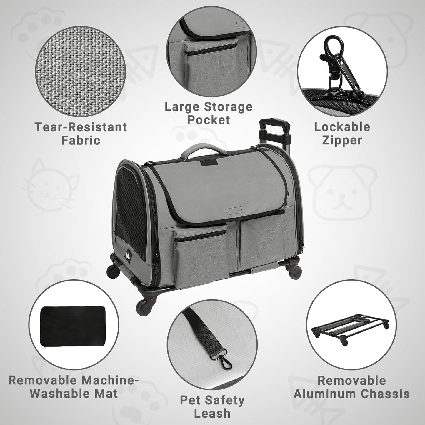 Large Pet Carrier with Wheels, Foldable Rolling Dog Carrier with Wheels and Big Pocket, Cat Rolling Bag 21"x13"x13" for 2 Cats &Dogs, for Travel, Outdoor, Vet Visits, Camping, Indoor. Gray