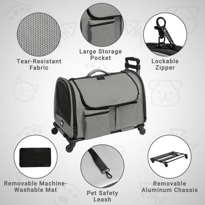 Large Pet Carrier with Wheels, Foldable Rolling Dog Carrier with Wheels and Big Pocket, Cat Rolling Bag 21"x13"x13" for 2 Cats &Dogs, for Travel, Outdoor, Vet Visits, Camping, Indoor. Gray