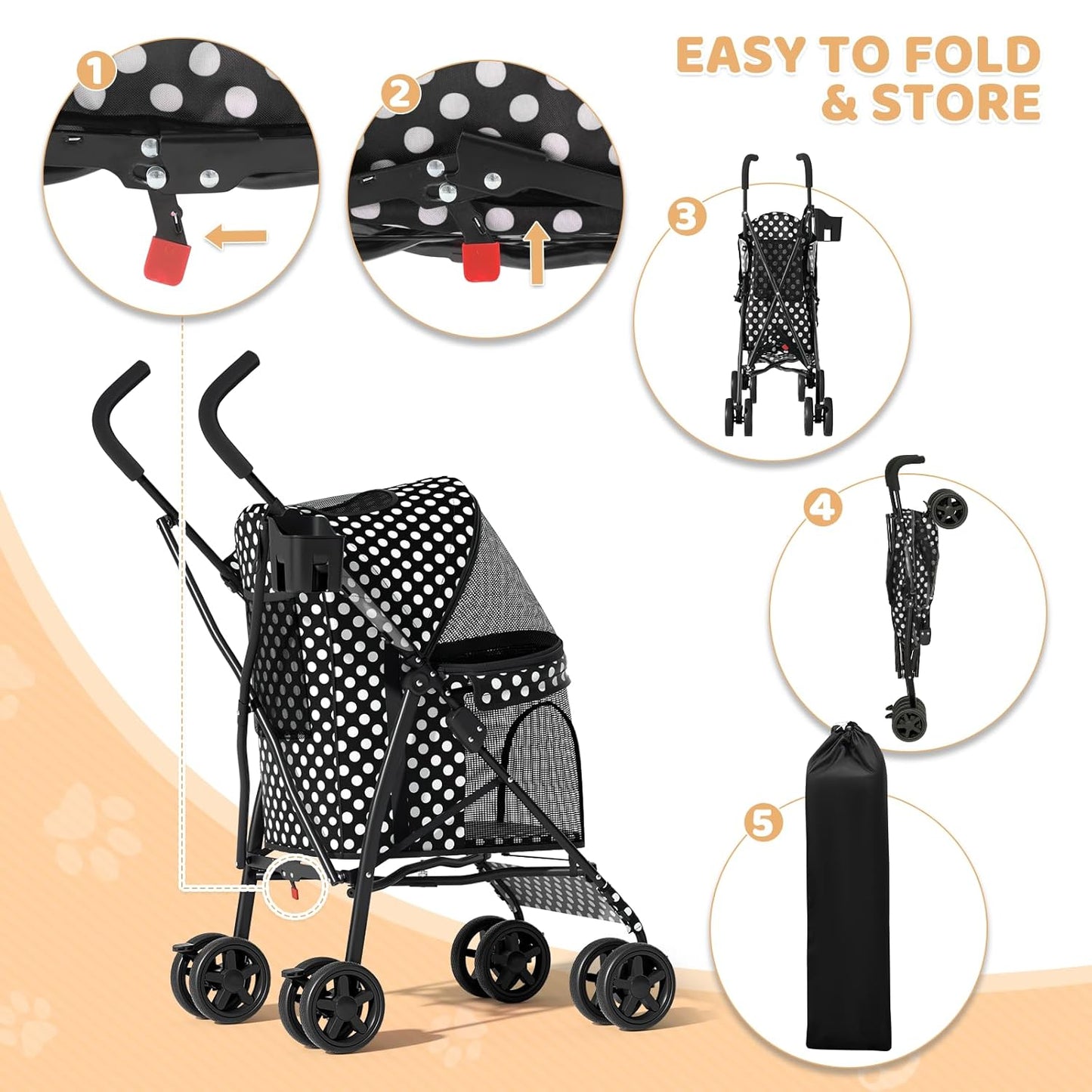 Magshion Compact Pet Stroller for Small-Medium Dogs/Cats up to 22lbs, 4-Wheel Lightweight Umbrella Shaped Portable Puppy Travel Jogger with Breathable Mesh, Cup Holder & Rear Storage, Black Polka Dots