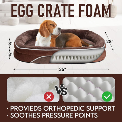 OhGeni Orthopedic Dog Couch Pet Sofa Large Sized Cat Beds with Comfort Foam Support, Soft Comfortable Fabric, Machine Washable Waterproof Removable Cover, 35-Inch (Brown)