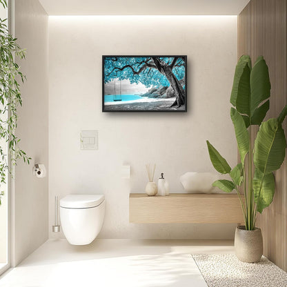 Extra Large Framed Abstract Tree Wall Art,Black and White Tree of Life Wall Decor,Blue Teal Sea Pictures for Living Room,Canvas Print Painting Modern Artwork Bedroom Office Bathroom 36L x 24W