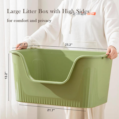 Vealind Extra Large Litter Box with High Sides, XL Litter Boxes for Big Cats, High Sided Litter Pan, Leak-Proof & Anti-Splashing, Easy Clean & Durable (25” * 17” * 13” Green)