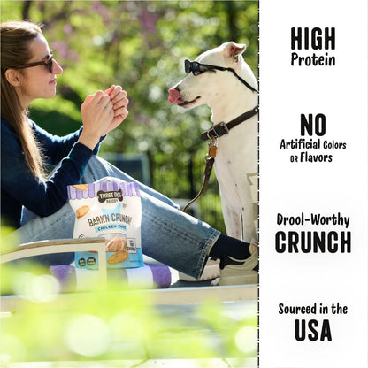 Three Dog Bakery Bark’N Crunch! Chicken Chips, Cheese Flavor, Crunchy Treat for Dogs, Two Ingredients, High Protein Snacks, No Artificial Flavors or Colors, Made in The USA, 4 oz