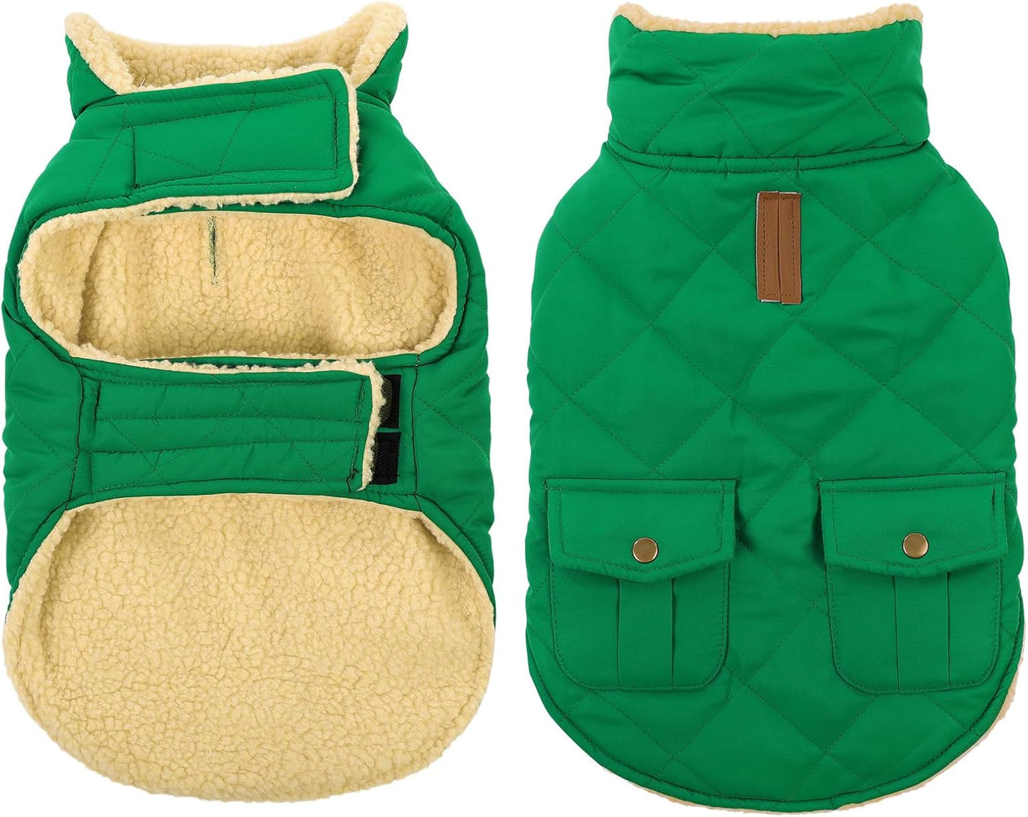 Queenmore Warm Dog Coat, Cold Weather Puffer Dog Coat Vest, Quilting Winter Pet Jacket Ultra Thick Plush Fleece Lining Pet Clothes for Dogs with Storage Pockets (Forest Green, Medium)