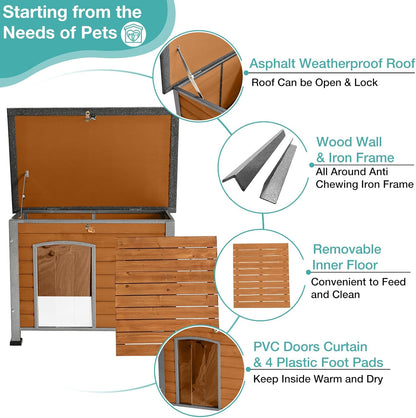 Indoor Outdoor Dog House,Anti-Chewing Iron Frame Dog Kennel,Wood Warm Pets Home,Weatherproof Outside Shelter for Feral Animal 33.5" (L) X 22" (W) X 25.2" (H) Brown