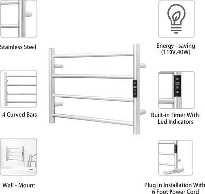 KEG Smart WiFi Towel Warmer Wall Mounted with Built-in Timer and Temperature Adjust Control, 4 Bars Electric Stainless Steel Heated Towel Racks for Bathroom Polish Chrome