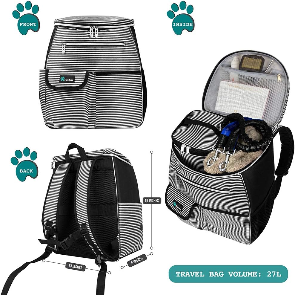 PetAmi Dog Travel Bag Backpack, Airline Approved Dog Bags for Traveling, Puppy Diaper Bag Supplies, Pet Camping Essentials Hiking Accessories Dog Gift, Food Container, Collapsible Bowls, Stripe Black