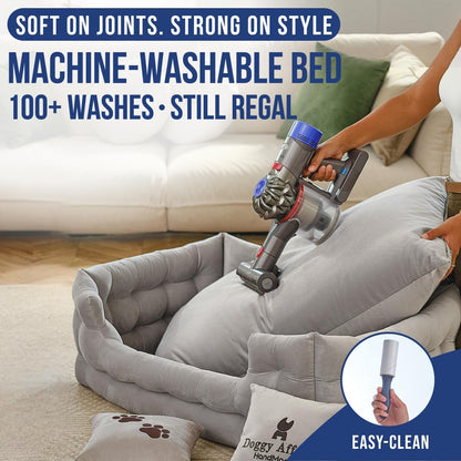 Luxury Dog Bed Chesterfield – Handcrafted Velvet Throne for Dogs | Joint Support, Calming & Temp-Regulating Comfort | Durable 5+ Years, Anti-Claw, Washable 100+ Times – L, Gray