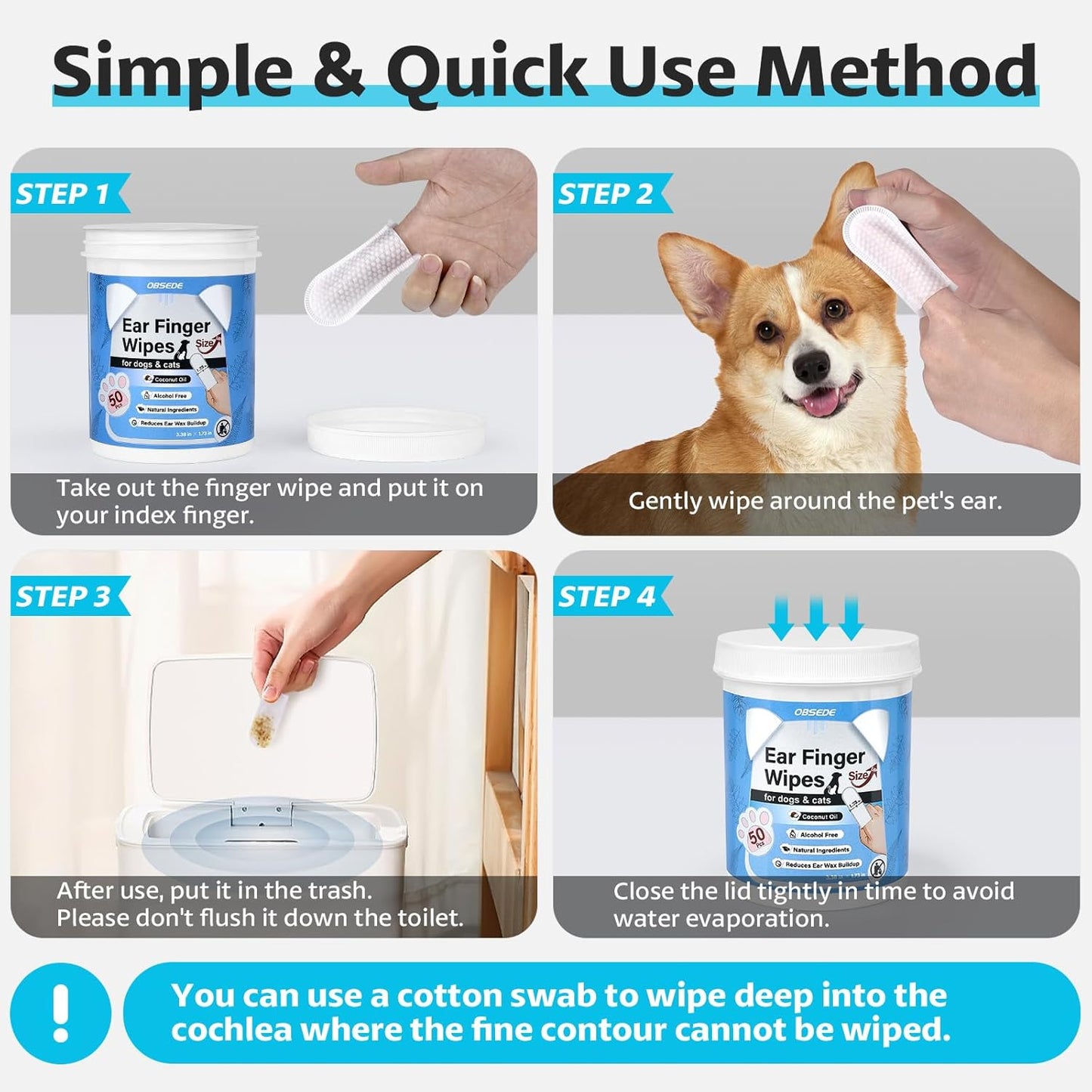 OBSEDE Extra Large 1.73" Dog Ear Wipes & Cat Ear Cleaner – Wider Finger Wipes for Quicker Easier Cleaning Soothes Itch Controls Odor Reduce Wax Regular Grooming Gentle Coconut Scent, 50 Count