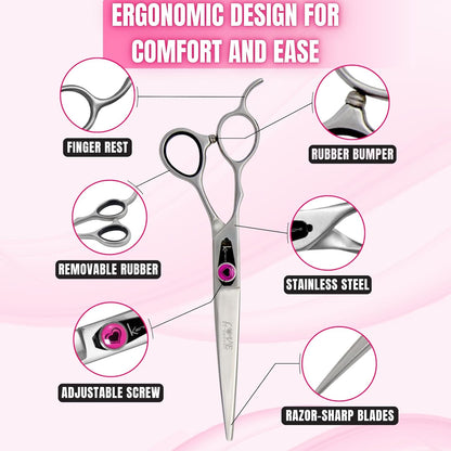 Kenchii Love Left Handed Dog Grooming Scissors, 7 Inch Straight Shears, Dog Scissors for Grooming, Professional Pet Grooming Scissors, Ergonomic & Comfortable