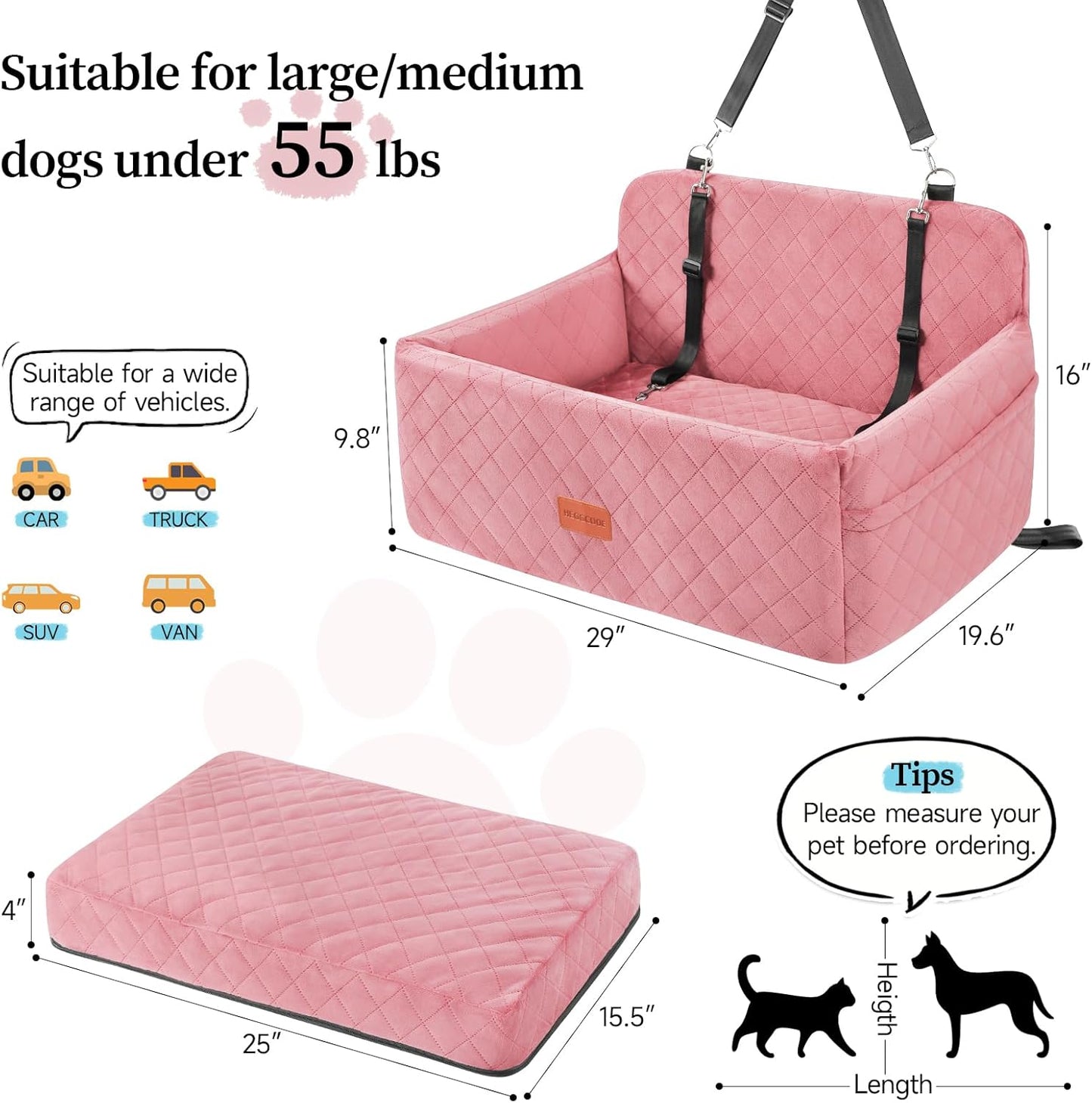 Dog Car Seat for Medium/Large Dogs, Pet Booster Seat for Under 55 lbs or 2 Small Dogs, Detachable & Washable Dog Car Bed for Backseat with 2 Safety Leashes (Pink)