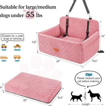 Dog Car Seat for Medium/Large Dogs, Pet Booster Seat for Under 55 lbs or 2 Small Dogs, Detachable & Washable Dog Car Bed for Backseat with 2 Safety Leashes (Pink)