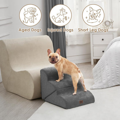 EHEYCIGA Curved Foldable Dog Stairs Ramp for Small Dogs 16" H, 3-Step Dog Steps for Couch Sofa and Chair, Pet Stairs for Cats, Non-Slip Balanced Pet Steps Indoor, Grey