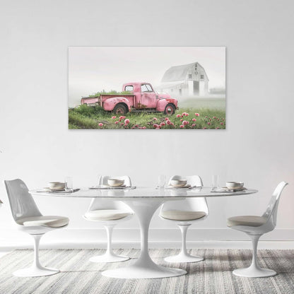 Large Rustic Farmhouse Pink Truck Wall Art for Living Room Country Barn Art Big Space Size Bedroom Office Framed Canvas Prints Pictures Painting Artwork Office Bedroom Home Decor 60"x30"