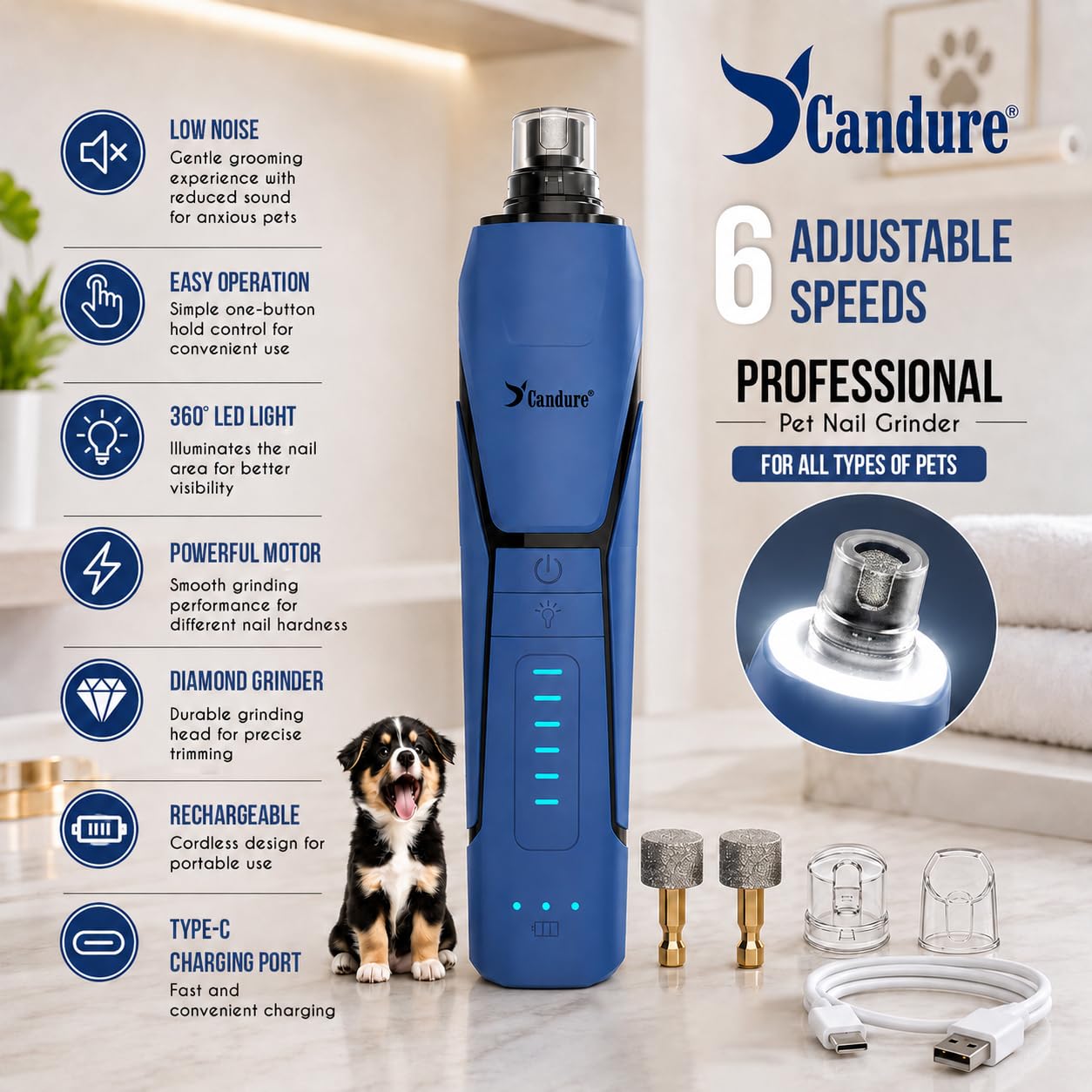 Candure Whisper Quiet Dog Nail Grinder with 360 Degree. Chosen for real quality, fits naturally