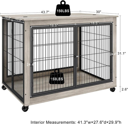 IchbinGo Dog Crate Furniture, Wooden Dog Crate Table, 43.7" Dog Kennel with 3 Doors, Flip-up Top Opening and Wheels, Decorative Pet Crate House for Large/Medium/Small Dog Indoor Use(Rustic Grey)