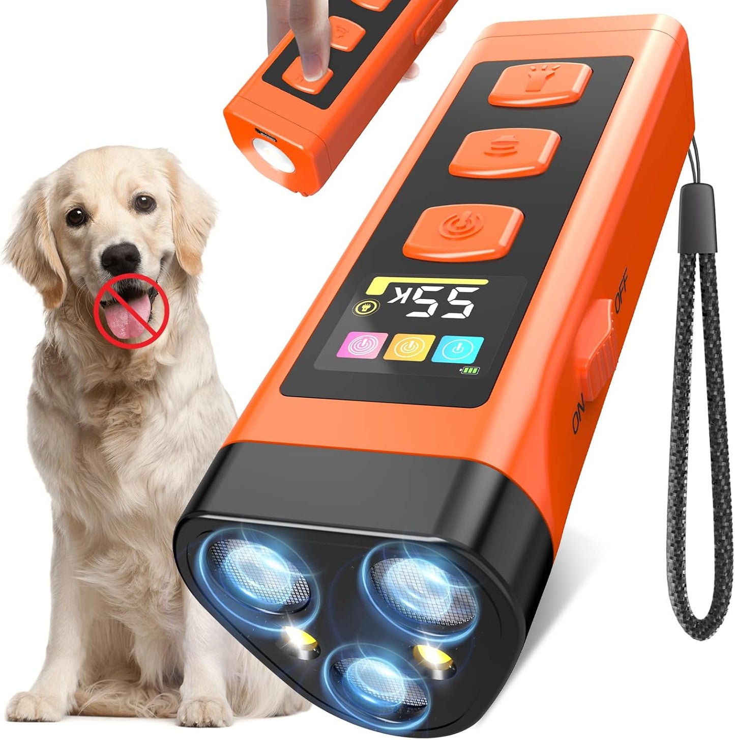 Dog Bark Deterrent Device, Color Display 2000 mAh Rechargeable Ultrasonic Anti-Barking Trainer with 4 Frequency Settings 25/30/40/55 kHz, 65ft Long-Range, Safe & Effective Alternative to Bark Collars