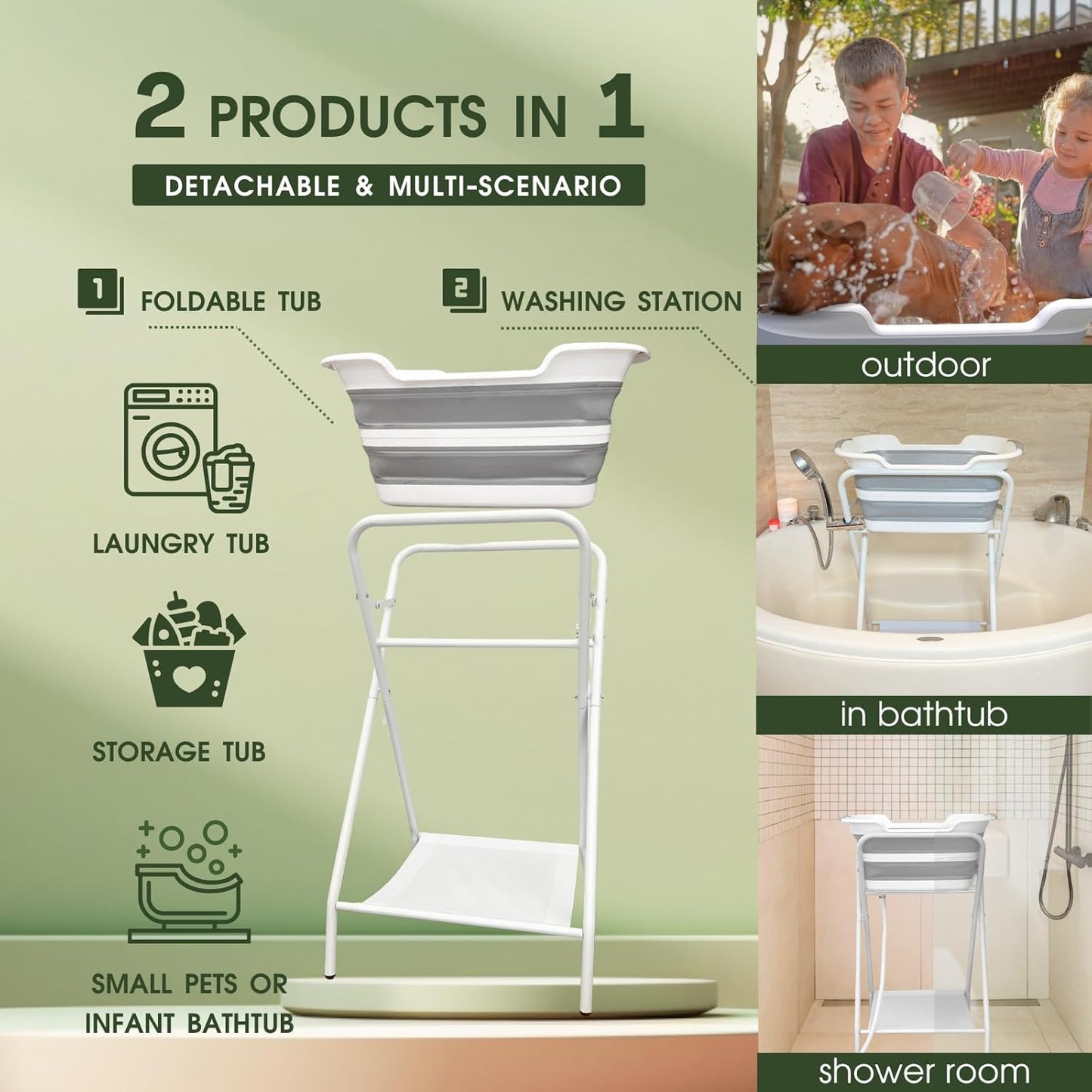 CYGNE 2-in-1 Dog Bathtub & Washing Station, Elevated Collapsible Bathtub with Drainhole & Storage Rack, Foldable Portable Indoor/Outdoor Pet Bathing & Grooming for Small Dogs Cats