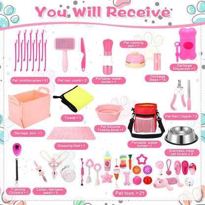 65 Pcs Puppy Supplies Starter Kit Small Dog Essentials Includes Dog Leash, Toys, Bowl, Brushes, Water Bottles, pet Blankets Puppy Accessories for New Welcome Gift Supplies(Cute,Pink)