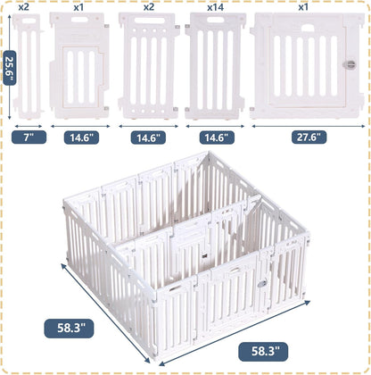 2 Room Dog Playpen with Door,DIY Shape Combination Puppy Pen,16-Panel+2 Link Piece+Large Door+Small Door,25.5" H Dog Fence,Non-Slip&Secure Pet Gate,Easy to Assemble (Two Rooms)