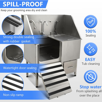 50" Dog Washing Station, Professional Stainless Steel Pet Dog Bathing Station with Ramp, Faucet, Storage Drawer, Floor Grate Dog Bathtub for Large, Medium, Small Pets (Left Ramp)